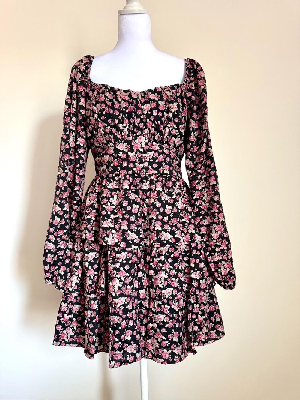 Altar'd State Black Mini Dress with Pink Floral Print